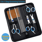 Lengnoyp steel grooming comb and straight edge pet scissors being used on a thick canine coat