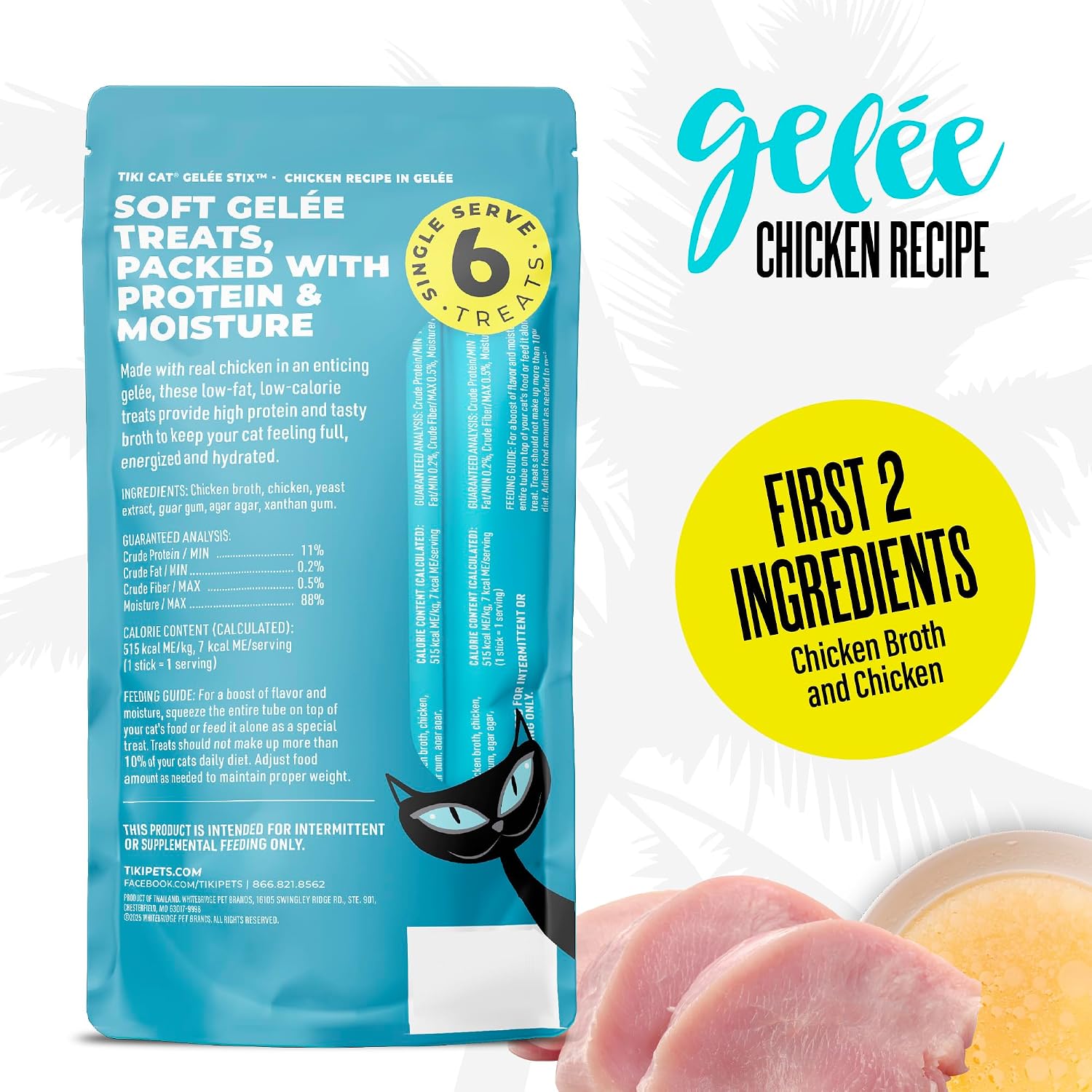 Close up of Tiki Pets Stix Gelee Chicken treat packaging