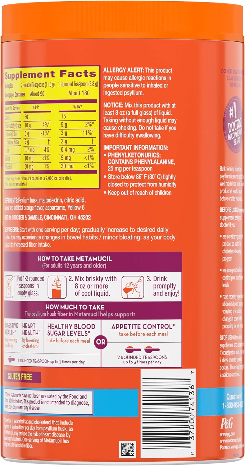 Metamucil 4-in-1 Psyllium Husk Fiber Supplement, Sugar-Free, 180 teaspoons, Orange Flavored, Daily Fiber Powder for Digestive Health, made with Plant-Based Psyllium Husk Fiber - Image 13