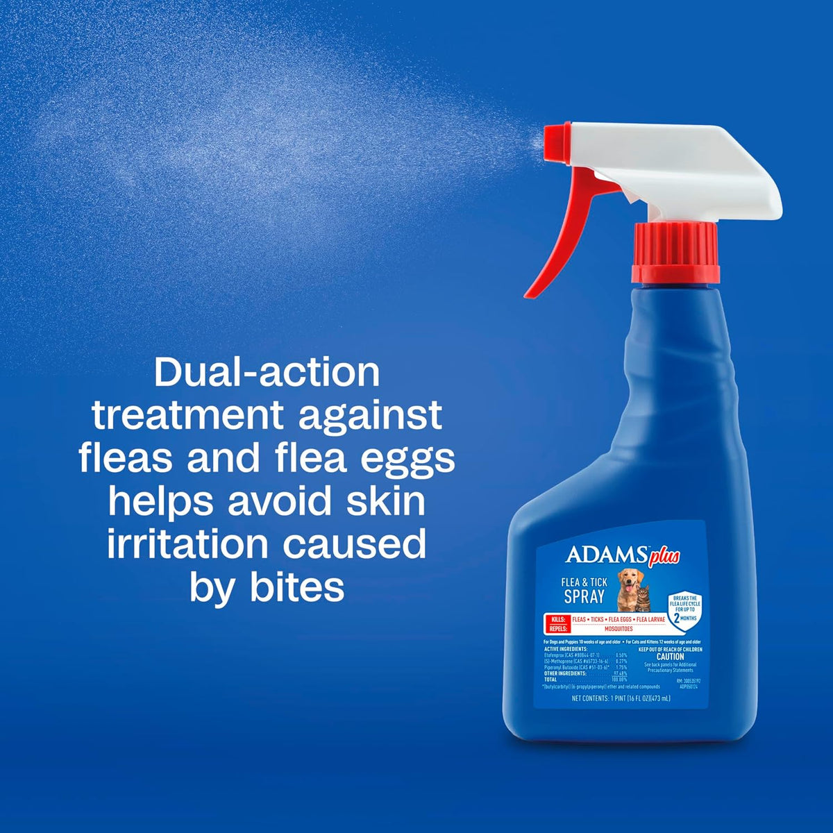 Adams Plus flea and tick spray bottle with pet care icons