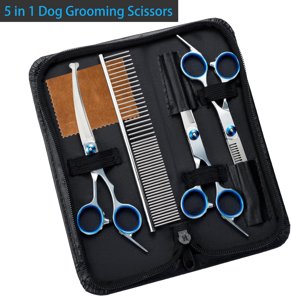 Titanium coated stainless steel dog thinning shears with blue ergonomic finger inserts.