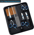 Titanium coated stainless steel dog thinning shears with blue ergonomic finger inserts.