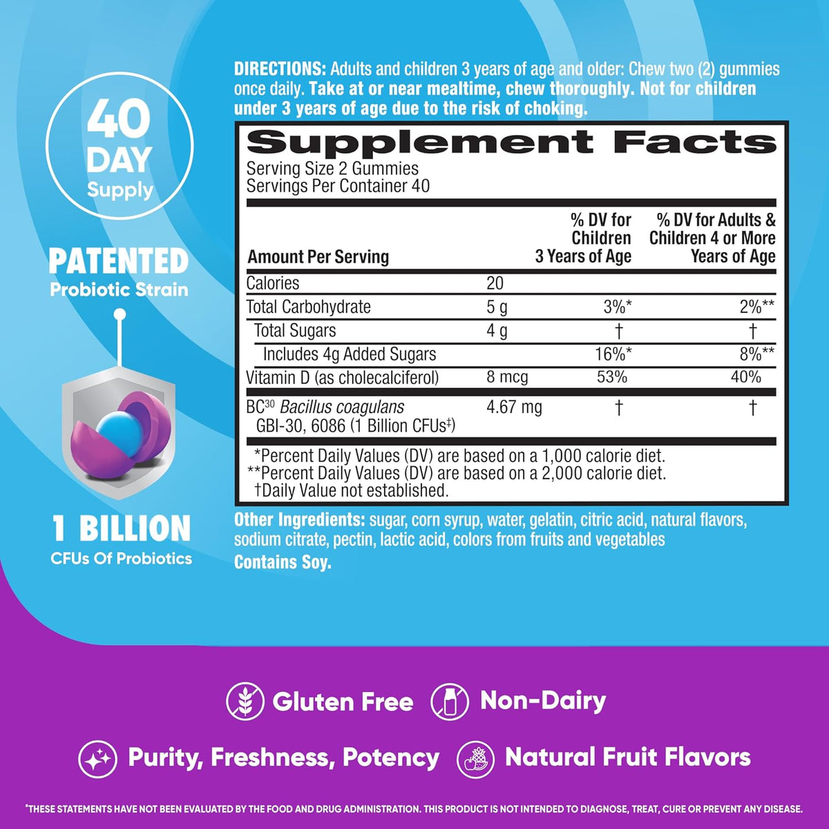 Digestive Advantage fruit flavor probiotic gummies bottle back