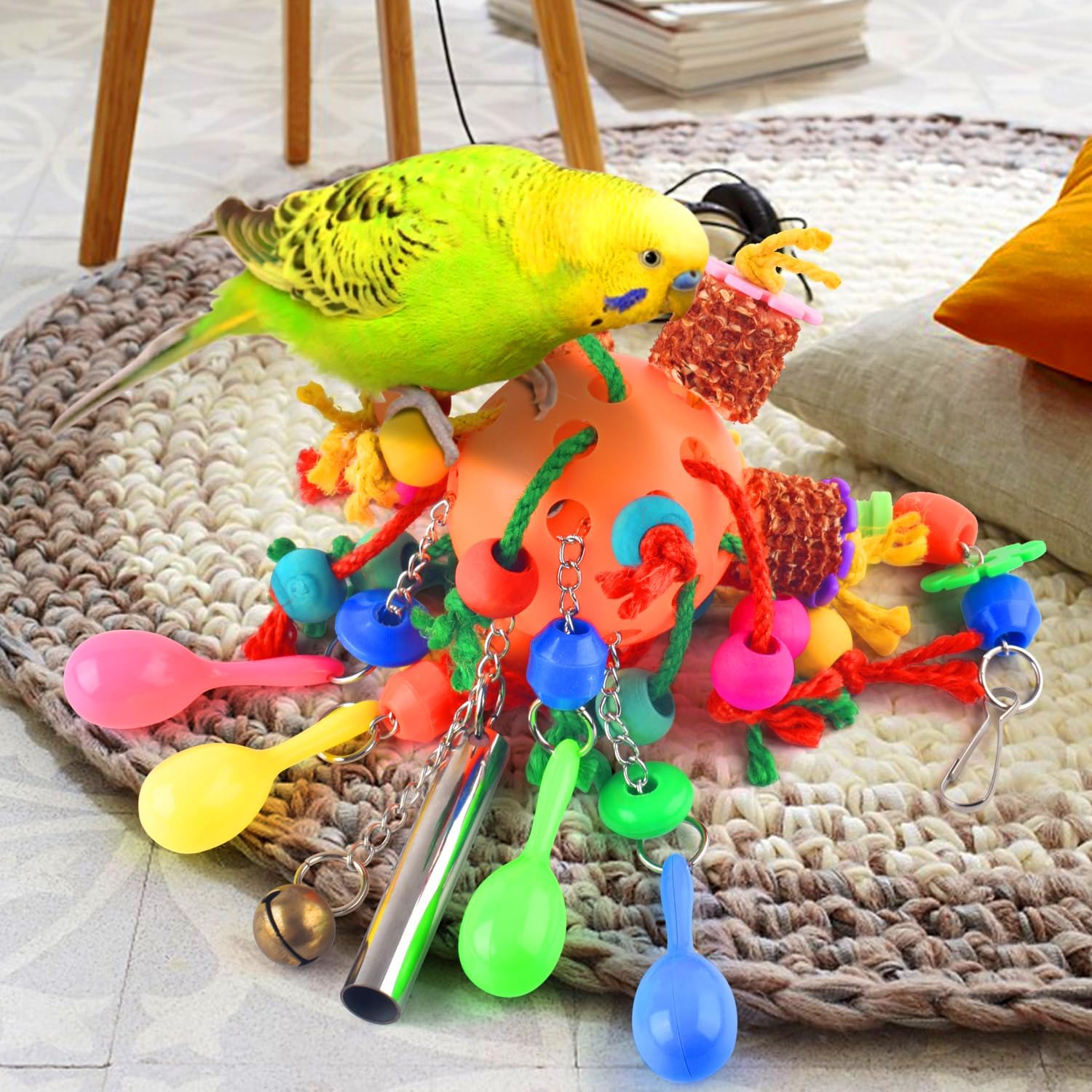 Conure and cockatiel sized multi sensory hanging bird toy