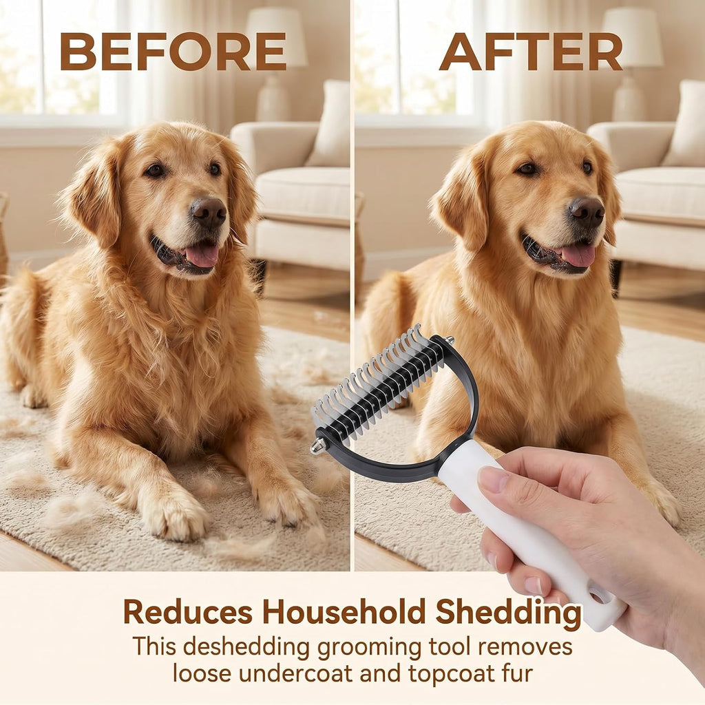 Txibi cat deshedding tool demonstrating the high density tooth side removing loose undercoat dander.