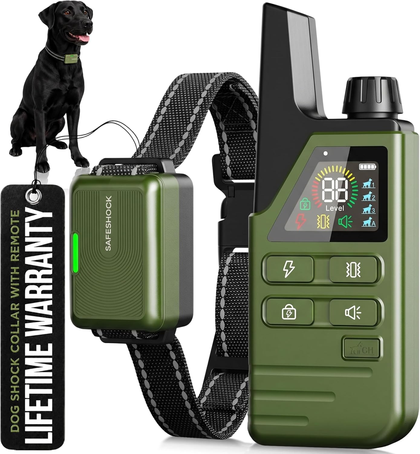 SafeShock dog training collar with remote control front view showing digital display