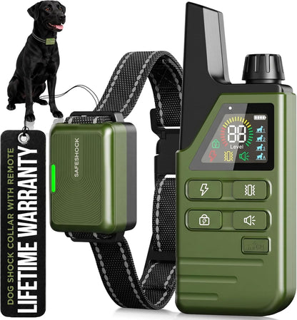 SafeShock dog training collar with remote control front view showing digital display