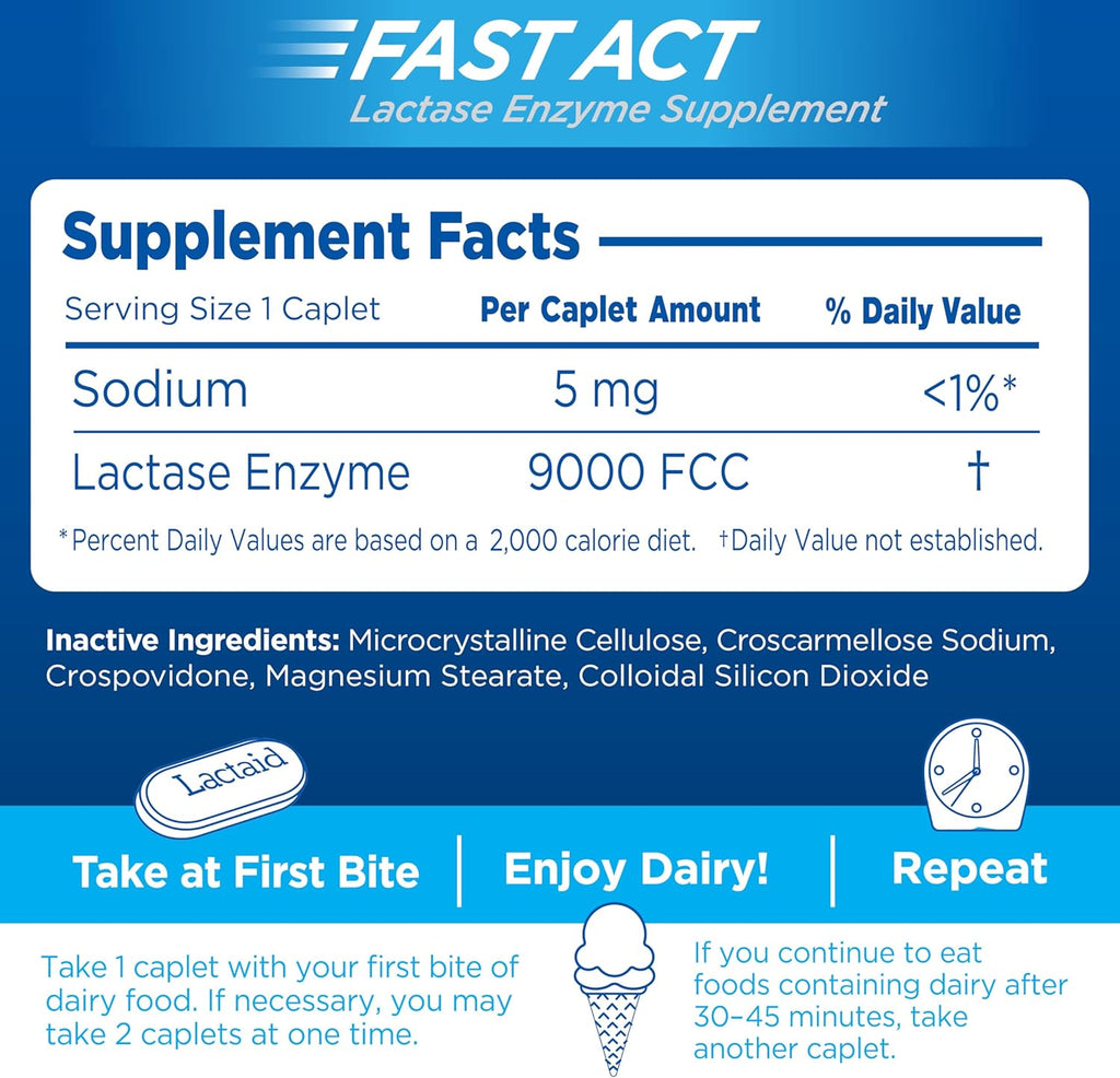 Lactaid Fast Act Lactose Intolerance Relief Caplets, Lactase Enzyme to Prevent Gas, Bloating and Diarrhea Due to Lactose Sensitivity, Single-Serve Supplements for Travel and On-The-Go, 60 Count - Image 5