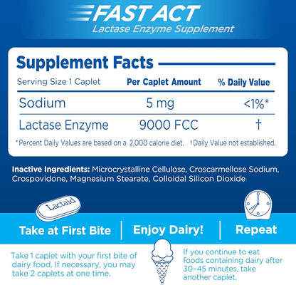 Lactaid Fast Act Lactose Intolerance Relief Caplets, Lactase Enzyme to Prevent Gas, Bloating and Diarrhea Due to Lactose Sensitivity, Single-Serve Supplements for Travel and On-The-Go, 60 Count - Image 5