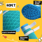 Adjustable strap detail on blue Hcpet dog shoes