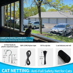 Cat sitting safely behind balcony anti-fall protection netting