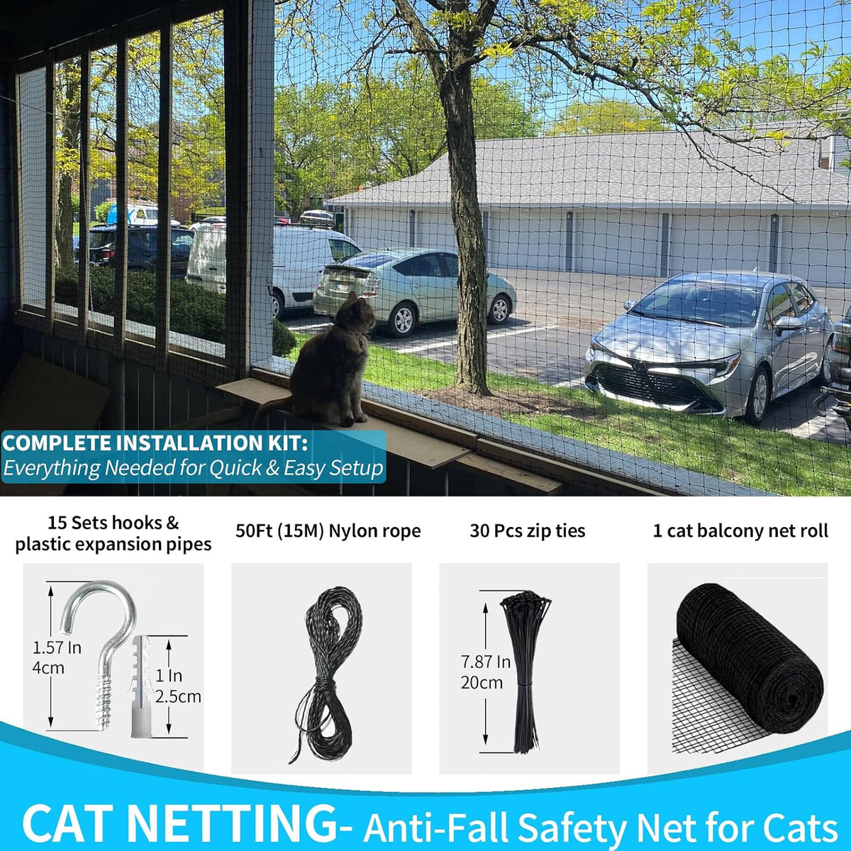 Cat sitting safely behind balcony anti-fall protection netting