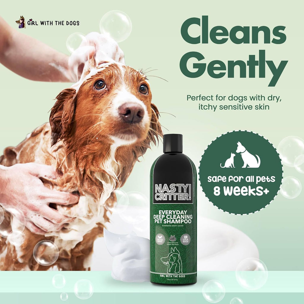 Close up of Nasty Critter cucumber and green tea pet shampoo label