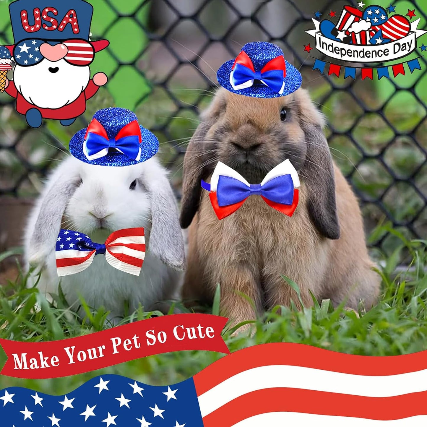 A bearded dragon lizard dressed in the miniature 4th of July patriotic hat demonstrating the adjustable strap versatility.