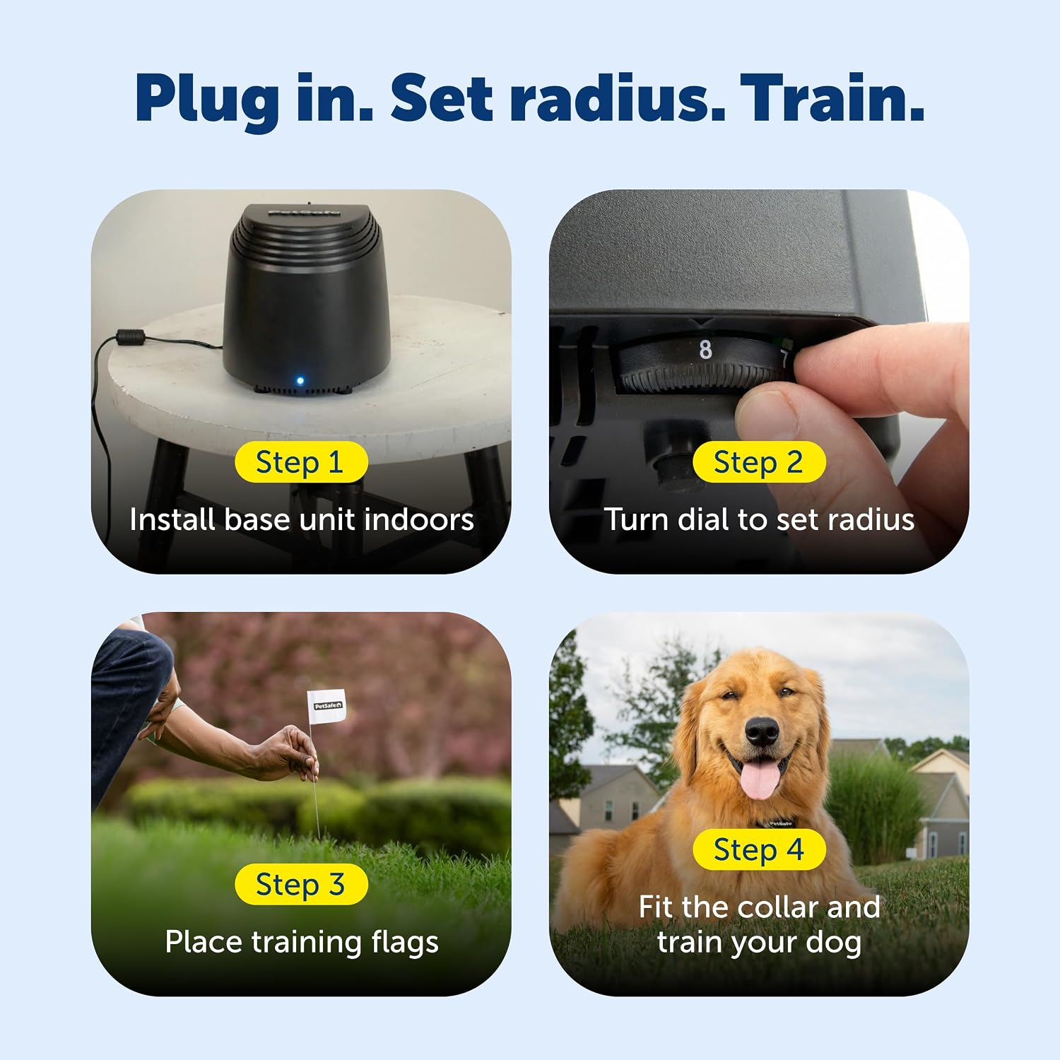 Adjustable wireless pet fence boundary covering up to three quarter acre for yard safety.