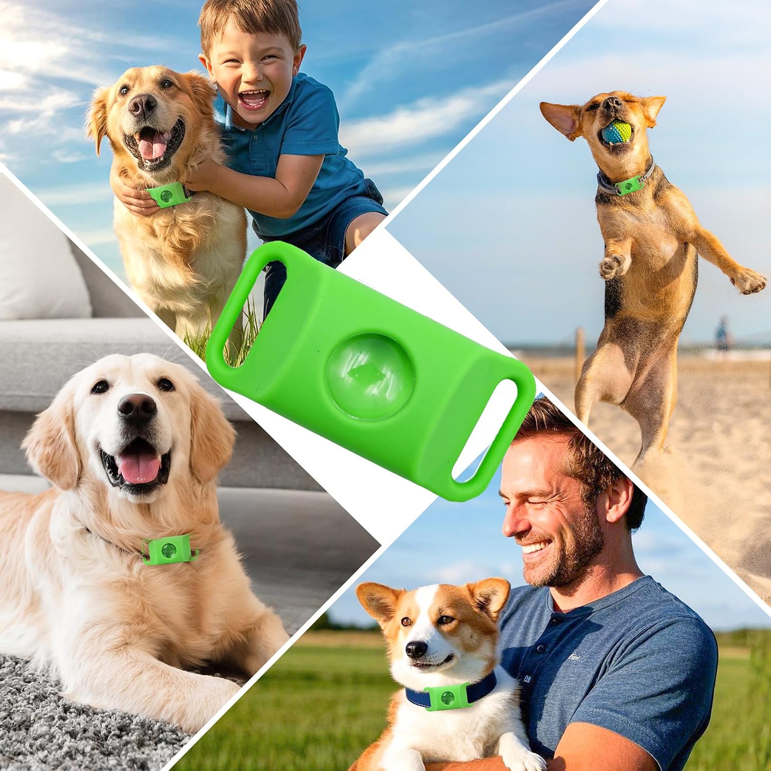 FurLife green wellness pendant clipped onto a dog collar for small breed protection.