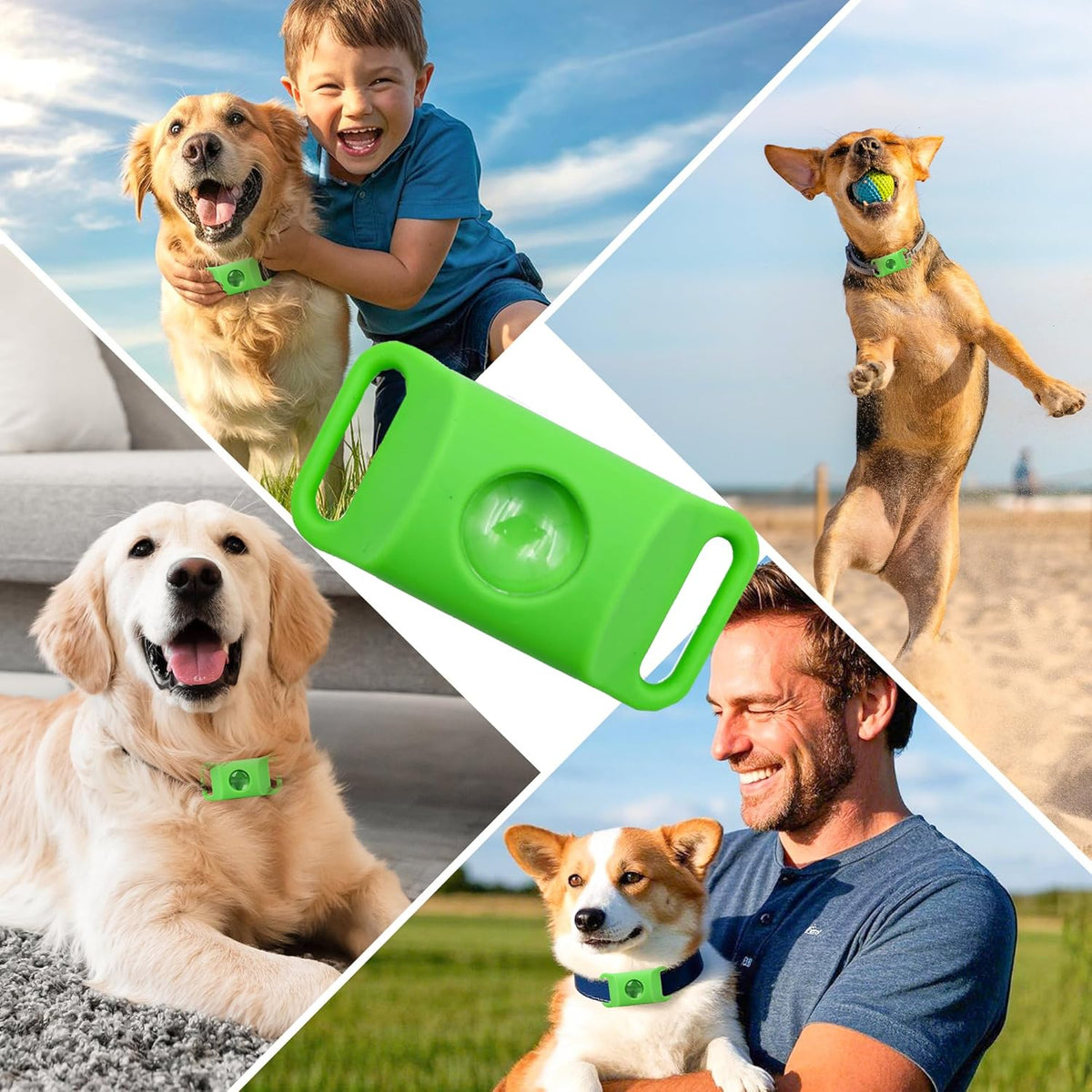 Close up of the adjustable green wellness pendant attached to a heavy duty dog harness