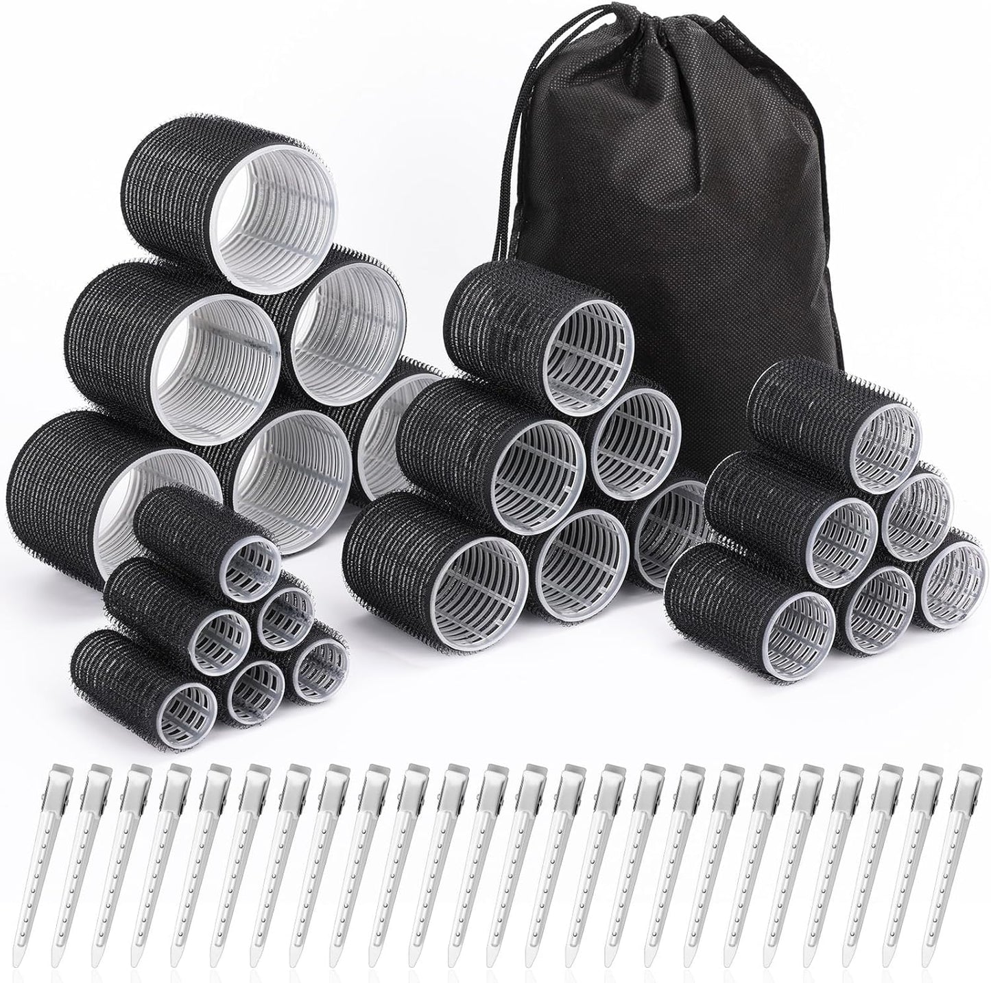 Shynek hair curlers set front view showing twenty-four black self-grip rollers arranged by size with styling clips