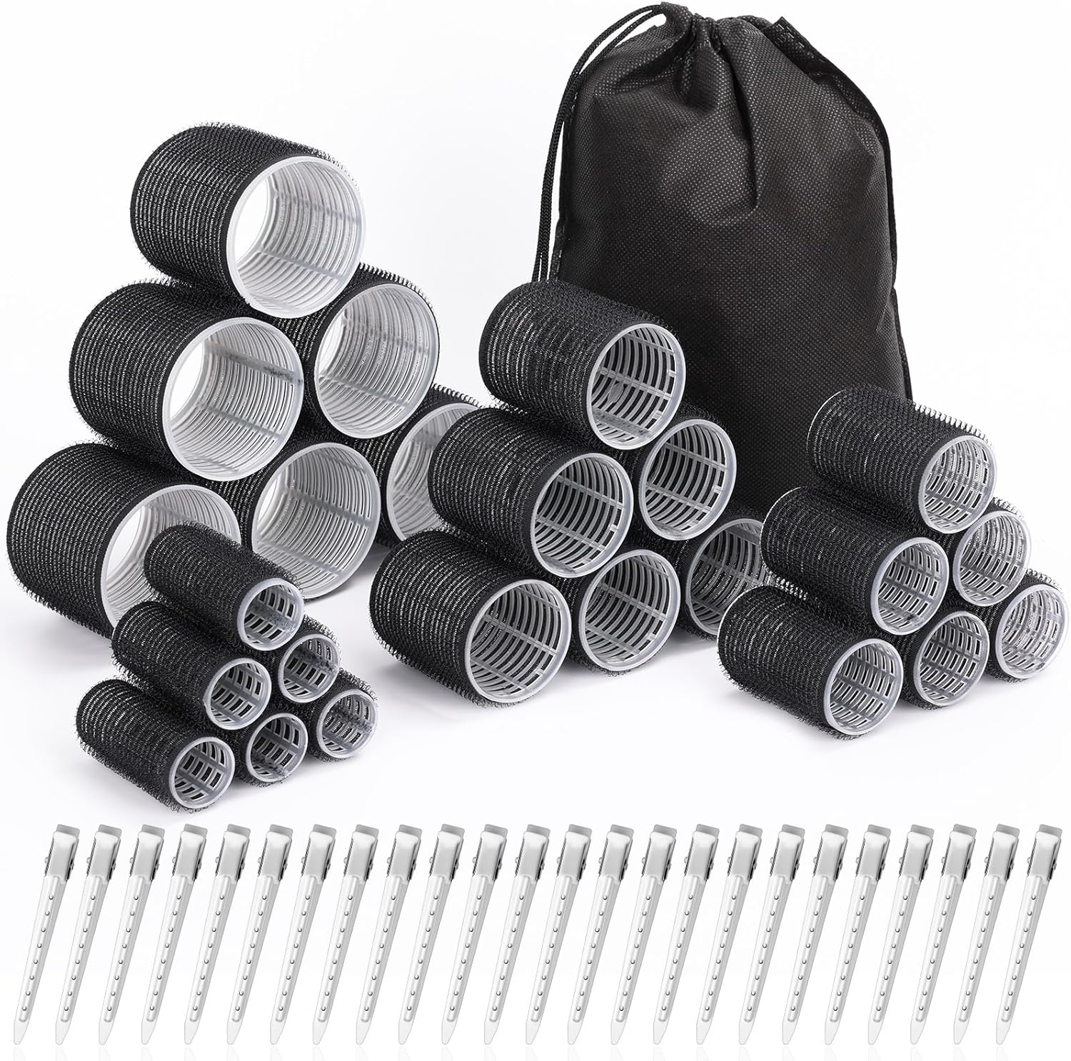 Shynek hair curlers set front view showing twenty-four black self-grip rollers arranged by size with styling clips