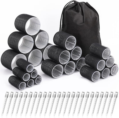 Shynek hair curlers set front view showing twenty-four black self-grip rollers arranged by size with styling clips