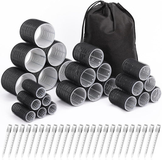 Shynek hair curlers set front view showing twenty-four black self-grip rollers arranged by size with styling clips