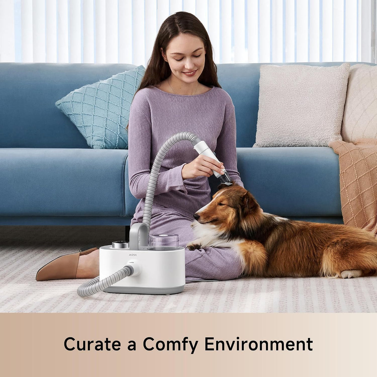 Mova G1 Pro low noise pet grooming system showing the digital screen interface