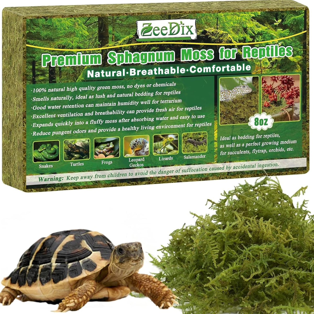 ZeeDix Natural Sphagnum Moss pack front view for terrarium substrate setup.
