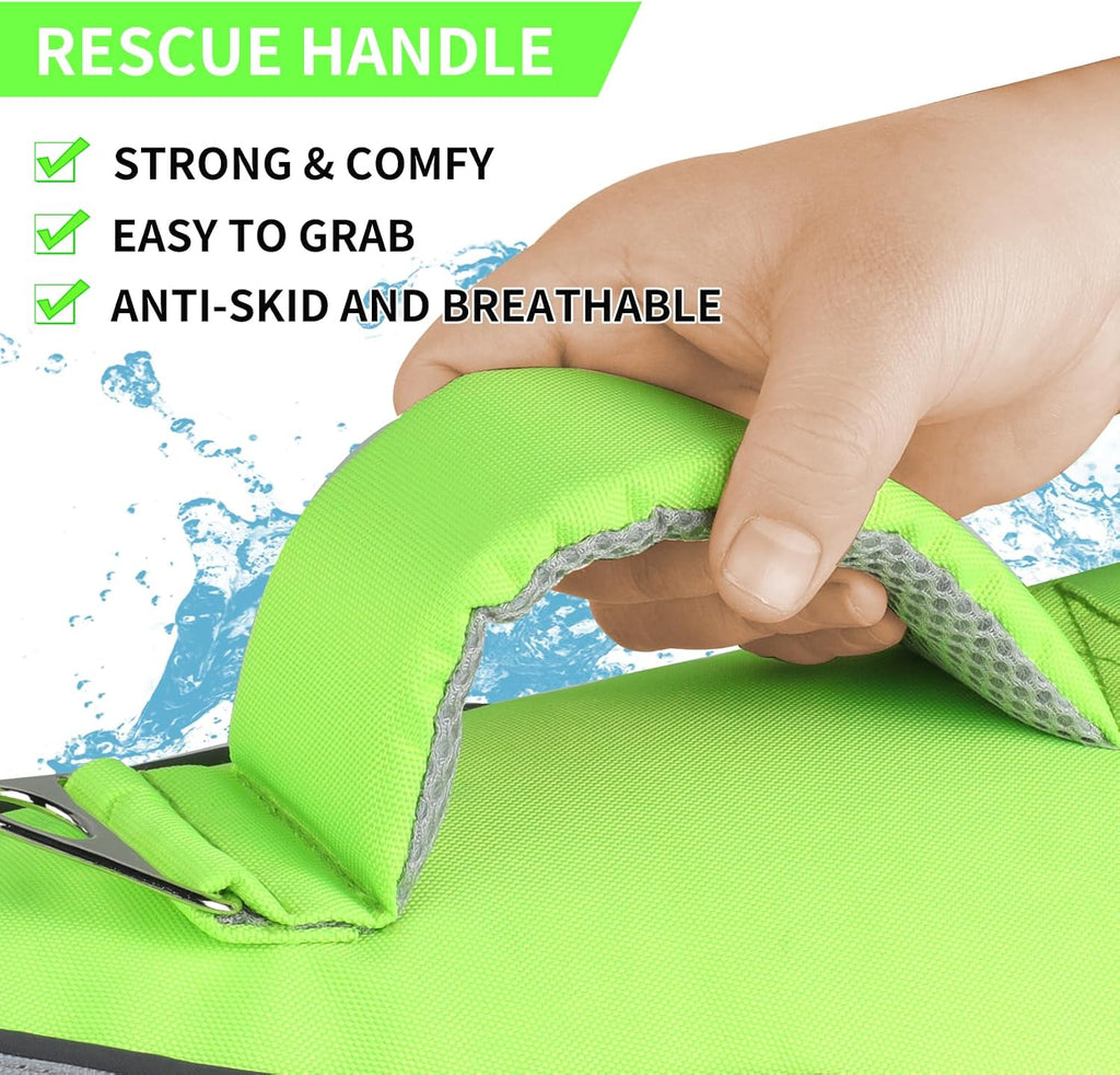 Close up of metal leash D ring on dog flotation jacket