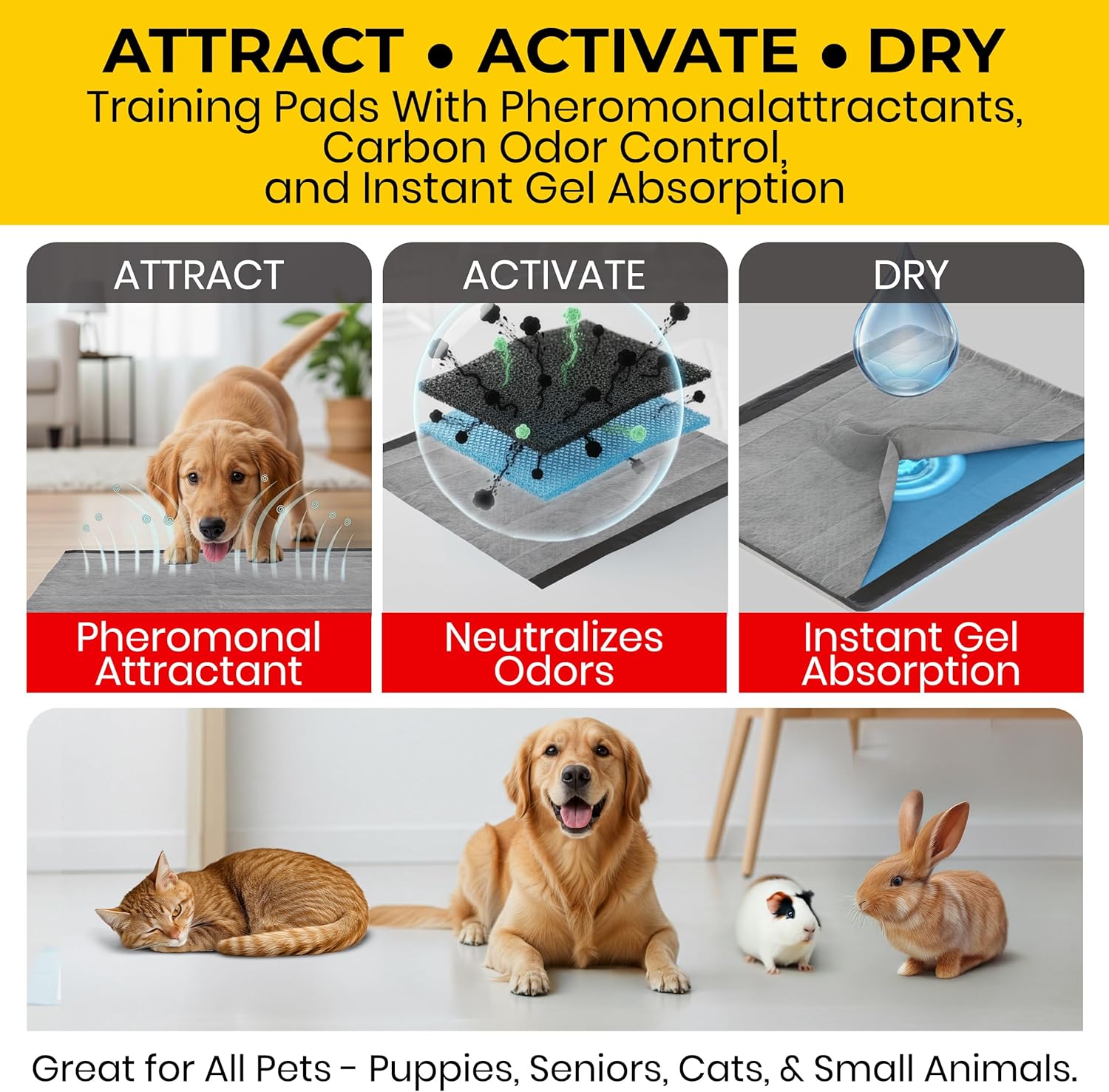 Glad premium USA imported dog training pads packaging side view with instructions