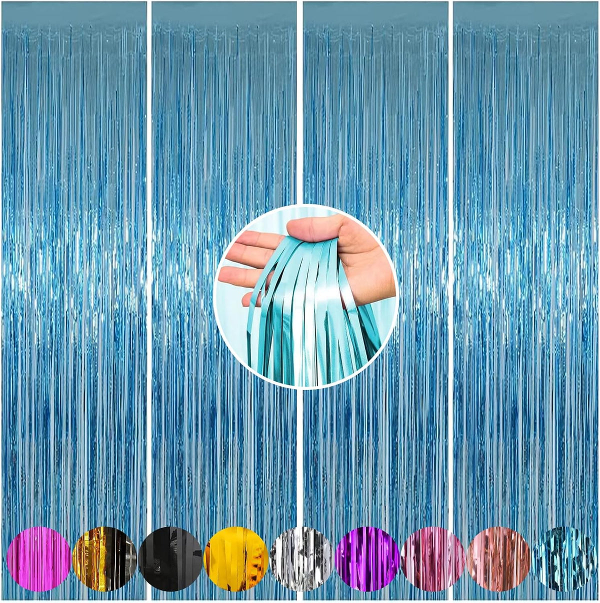 WOBBOX light blue metallic tinsel foil fringe curtain backdrop front view for party decoration