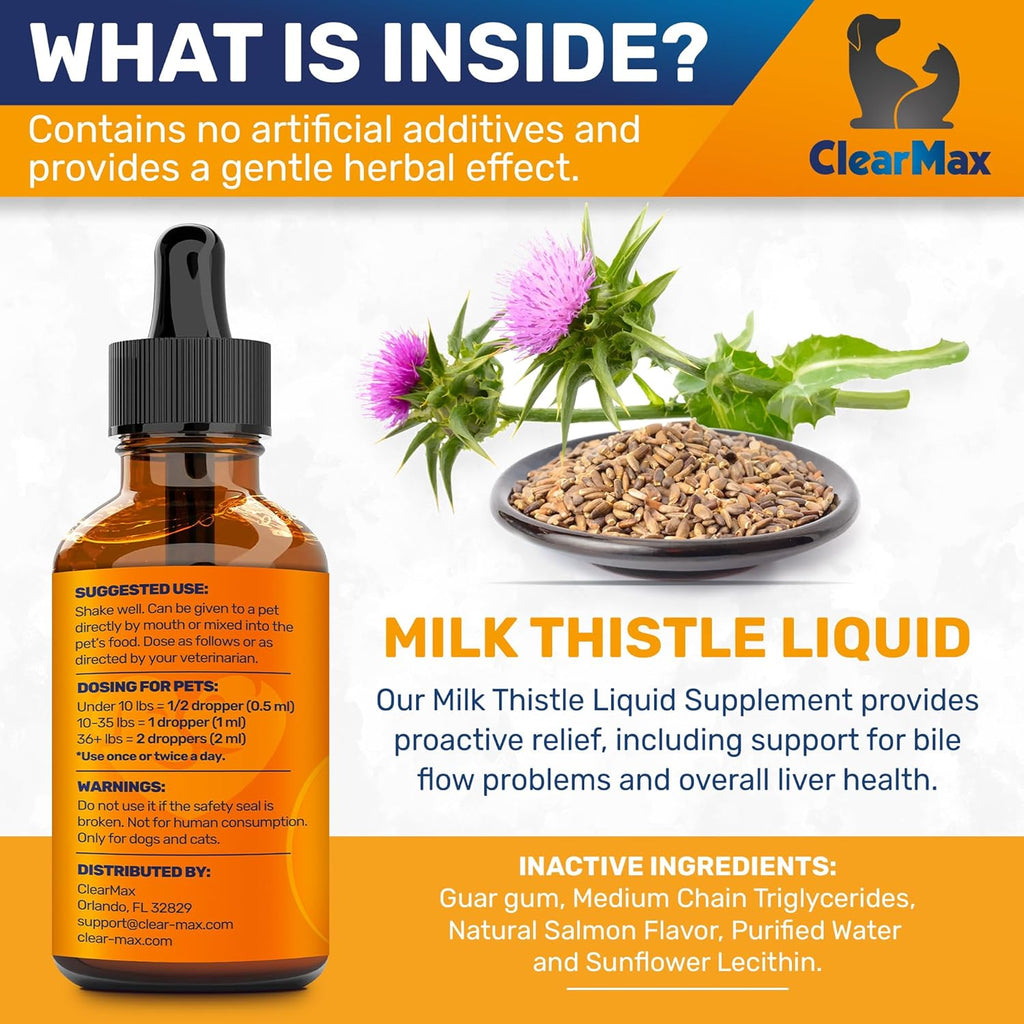 Clear Max pet liver and kidney supplement Two Ounce bottle with dropper packaging