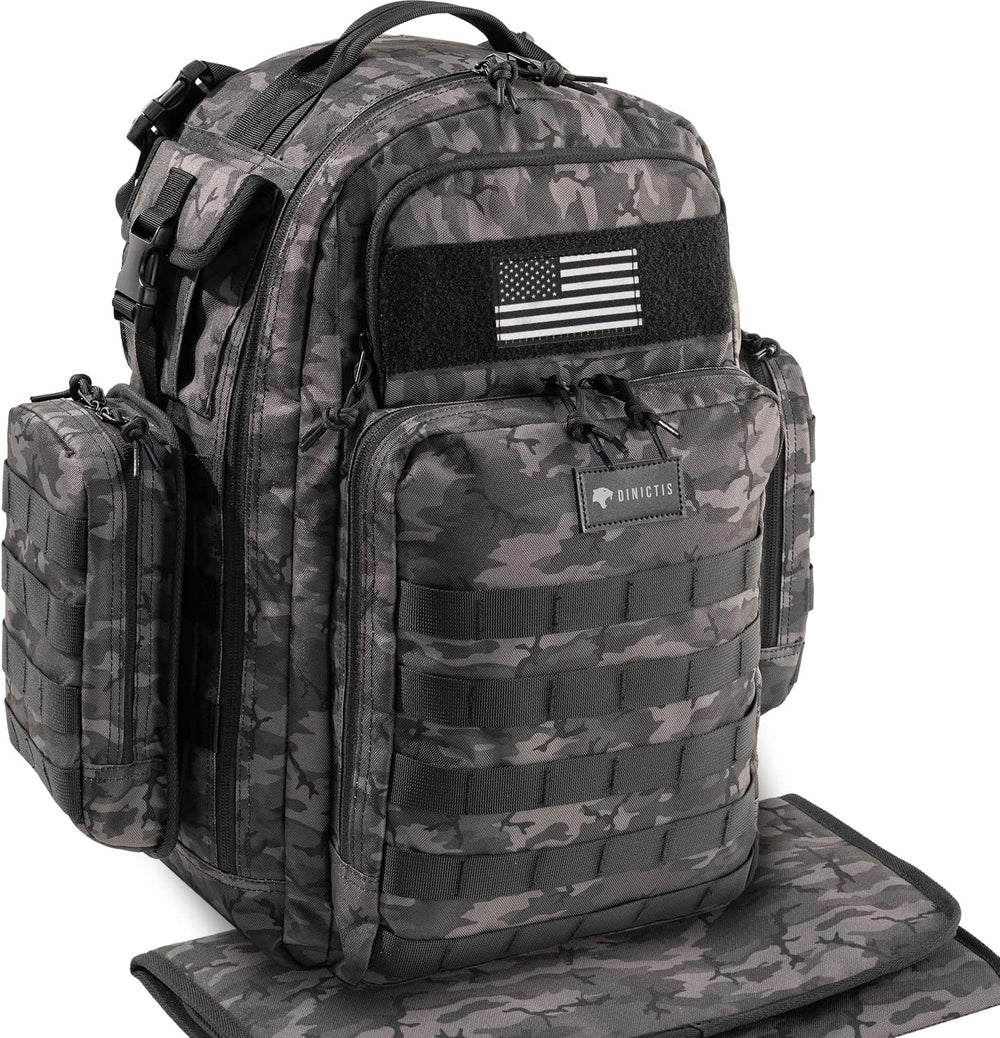 Dinictis dad diaper bag backpack front view in black camouflage