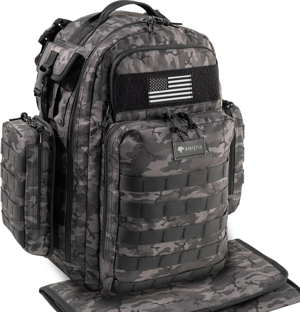 Dinictis dad diaper bag backpack front view in black camouflage