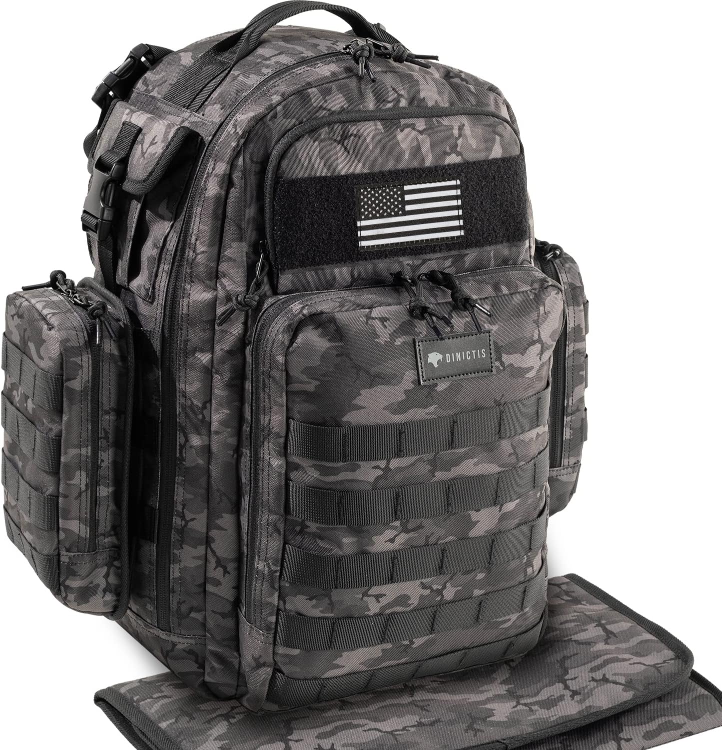 Dinictis Dad Diaper Bag Backpack front view in black camouflage color