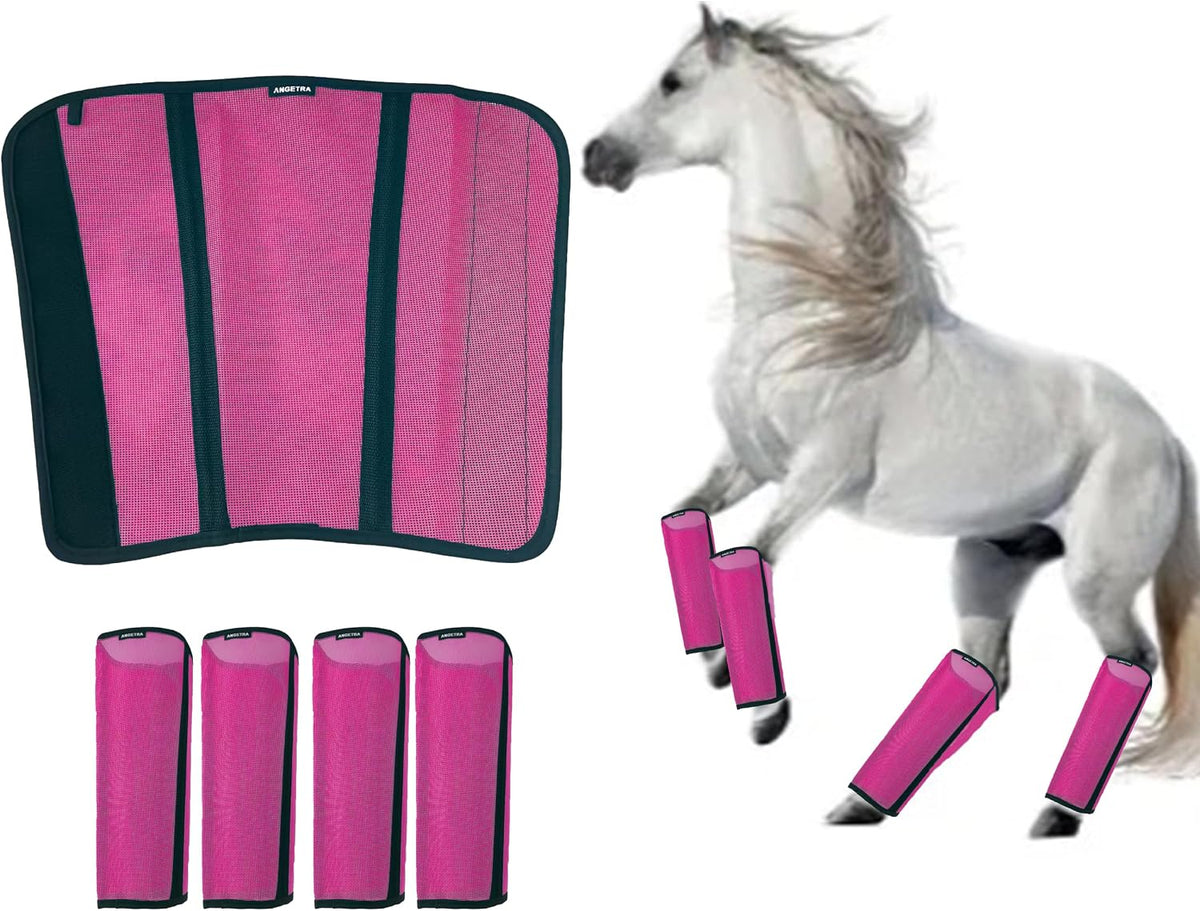 Angetra Mesh Horse Fly Boots front view showing pink loose fitting leggings on horse legs.