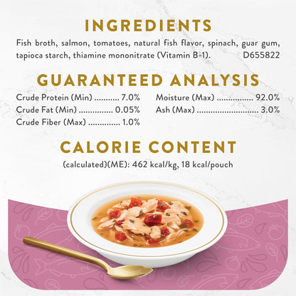 Back label of Purina Fancy Feast cat broth pouch showing ingredient list