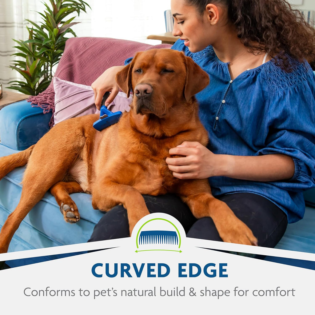 Ergonomic blue handle with hair release button on pet comb