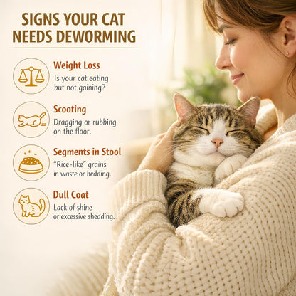 Feline dewormer packaging showing dosing instructions and ingredient details