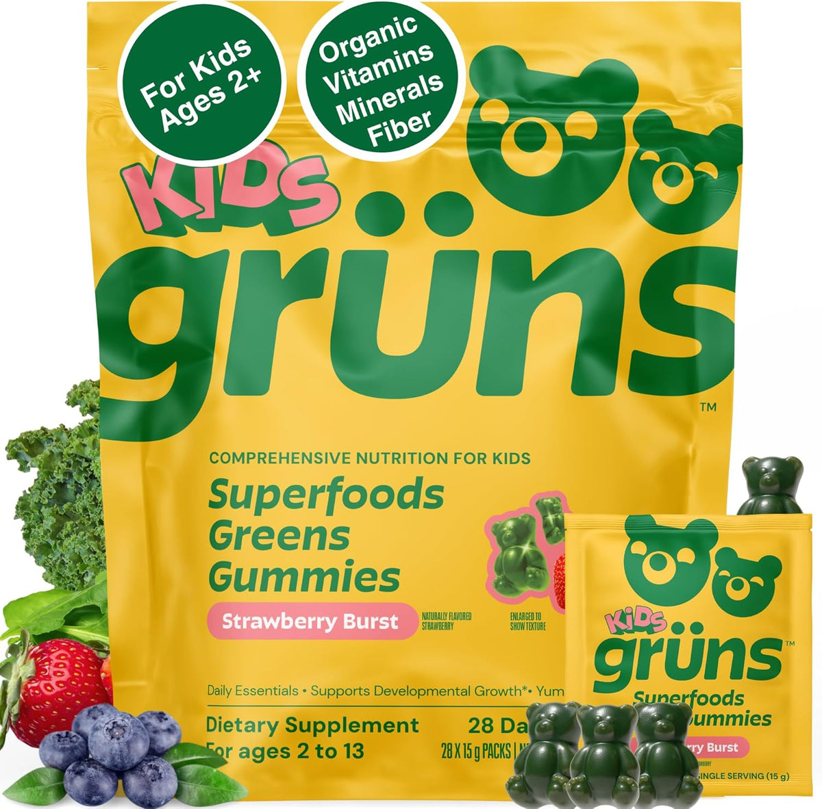 GrÃ¼ns Kids Super Greens Gummies front pouch view for daily child nutrition.