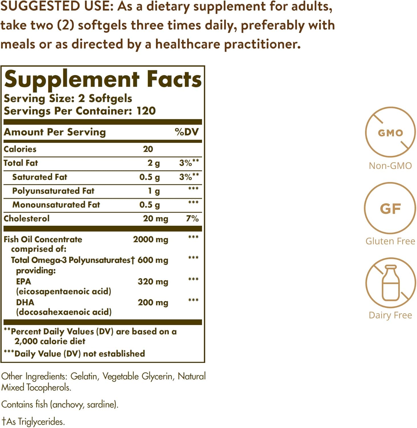 Solgar Omega 3 Fish Oil Concentrate dietary supplement showing the back nutrition facts label.