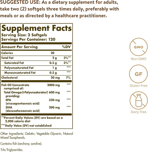 Solgar Omega 3 Fish Oil Concentrate dietary supplement showing the back nutrition facts label.