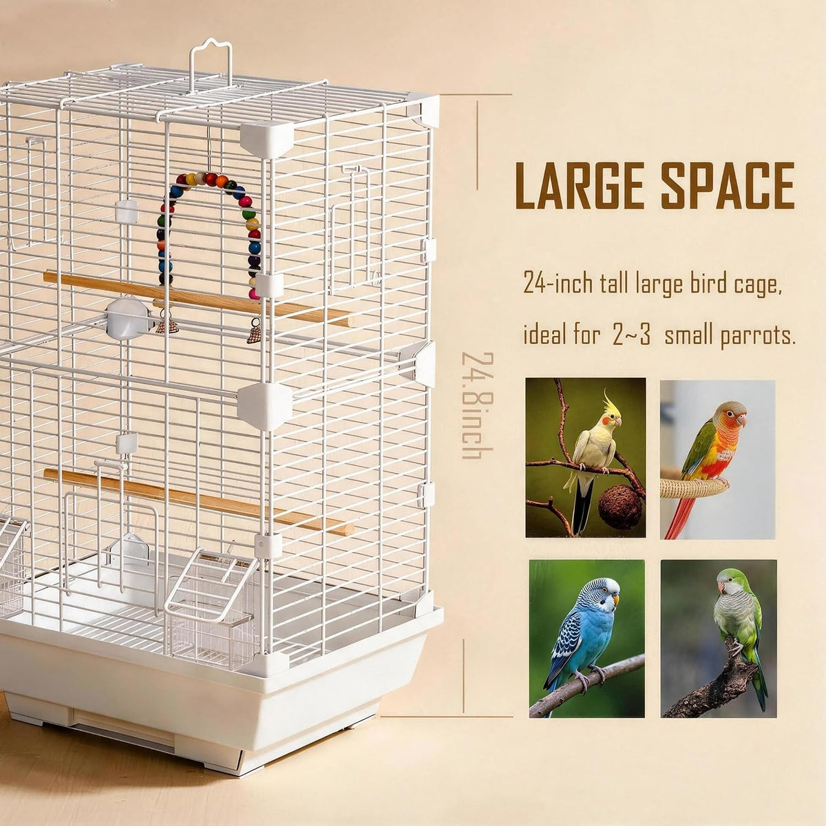 Basic Bird Cage, 24.8inch Parrot Cage (24.8" x 14.6" x 11"),Bird Cage with Ladder, Horizontal Bar, 2 Feeders, and Swing - Image 3
