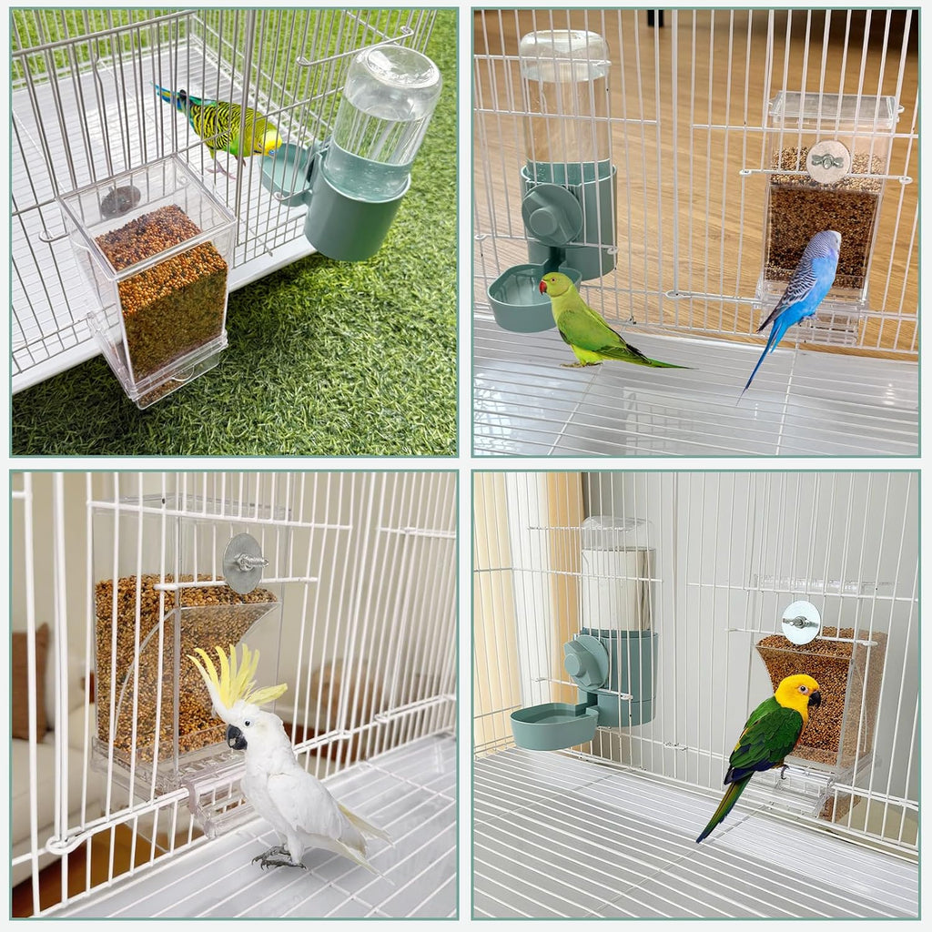 lemtrflo water dispenser and feeder attached to a bird cage exterior.