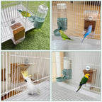 lemtrflo water dispenser and feeder attached to a bird cage exterior.