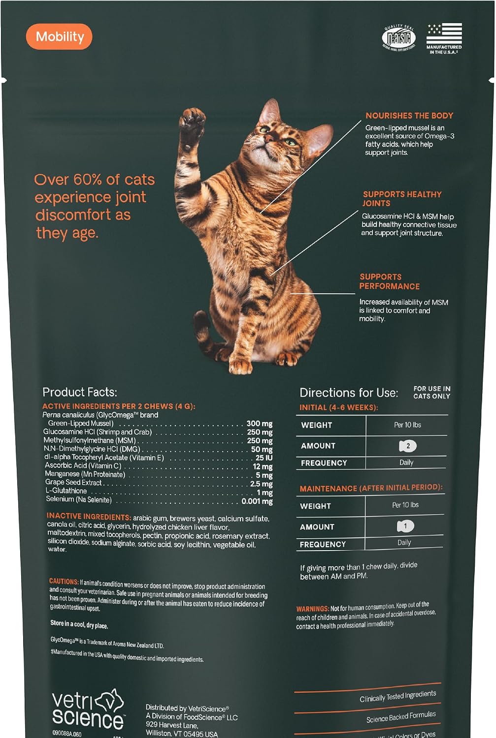 VetriScience Extra Strength Healthy Hip & Joint Chews, GlycoFlex Glucosamine and Green-Lipped Mussel Joint Support Supplement for Cats, Promote Mobility and Soothe Joint Discomfort, Chicken, 60 Count - Image 14