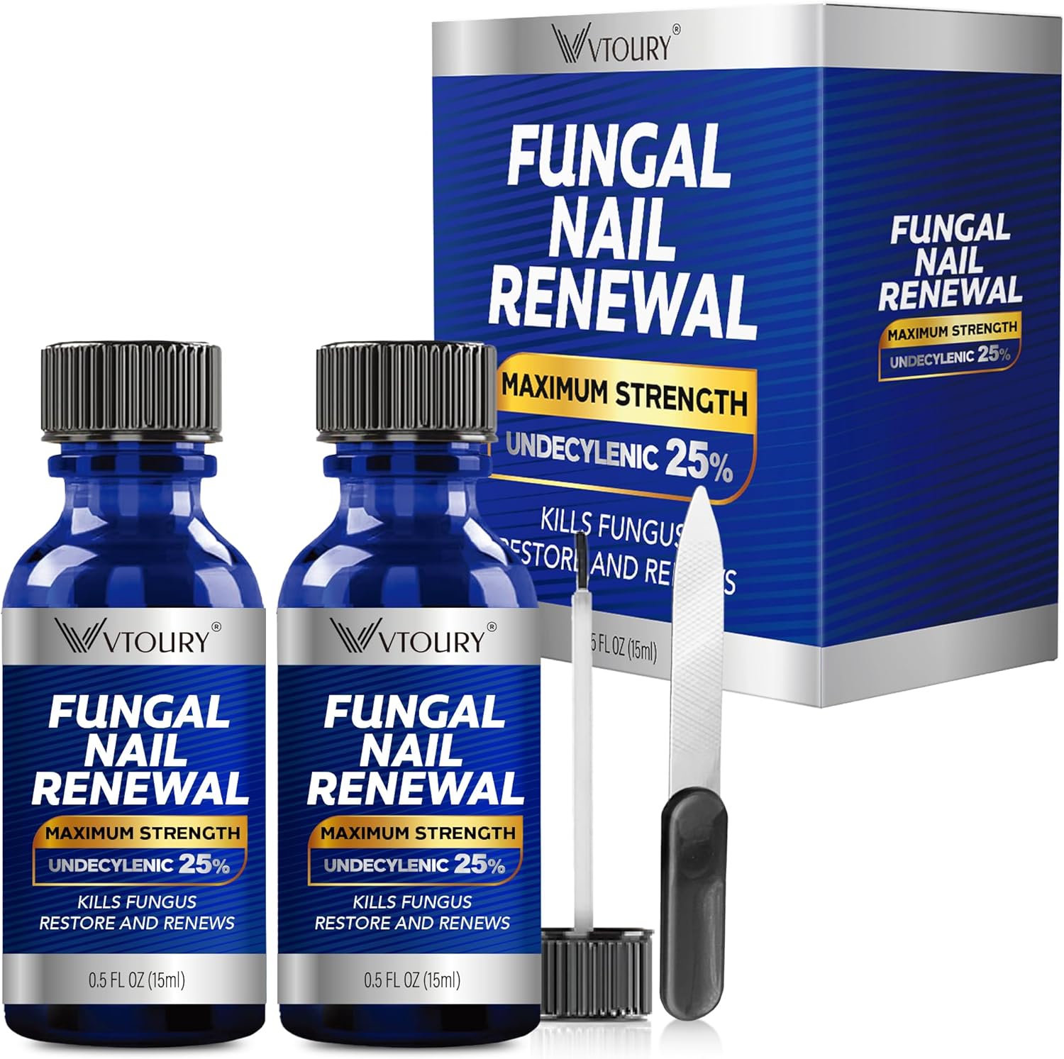 VTROUY Toenail Fungus Treatment Extra Strength front view of two bottles with nail file pack
