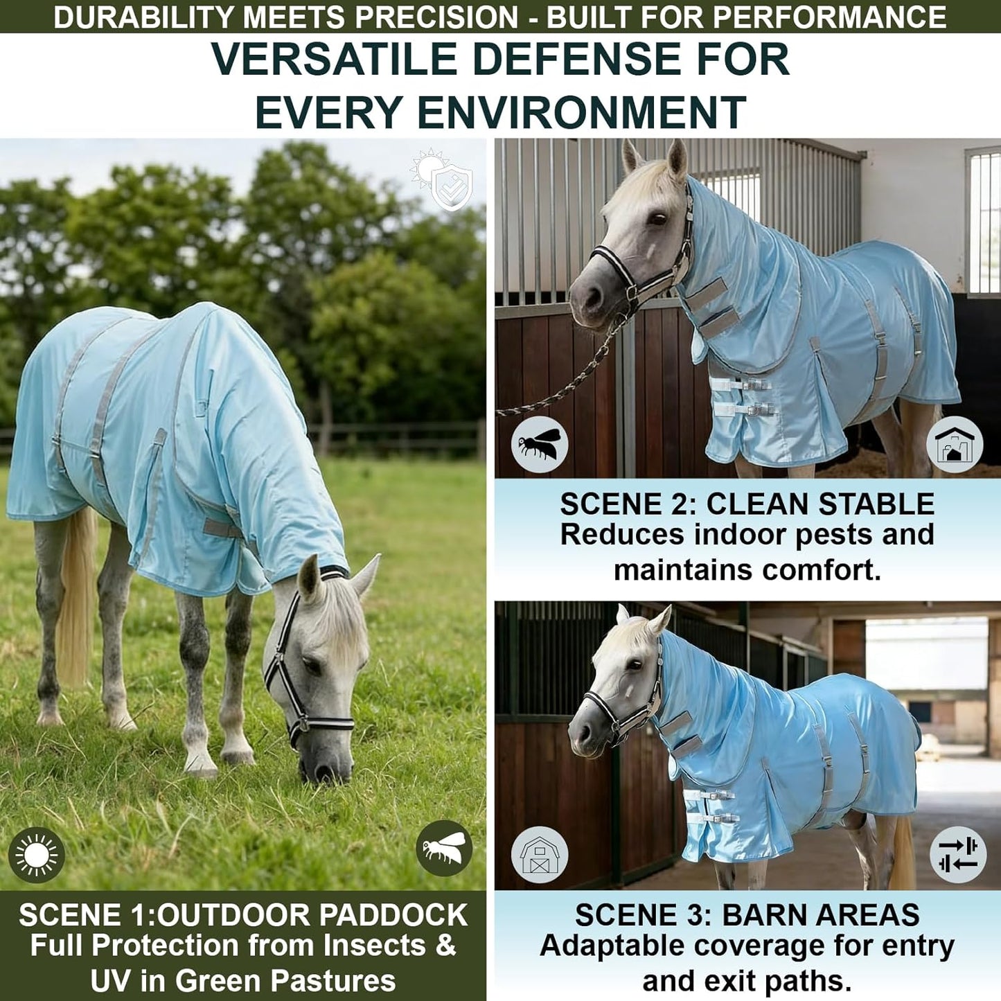 Adjustable underbelly hook-and-loop straps on the cyanblue horse fly rug.