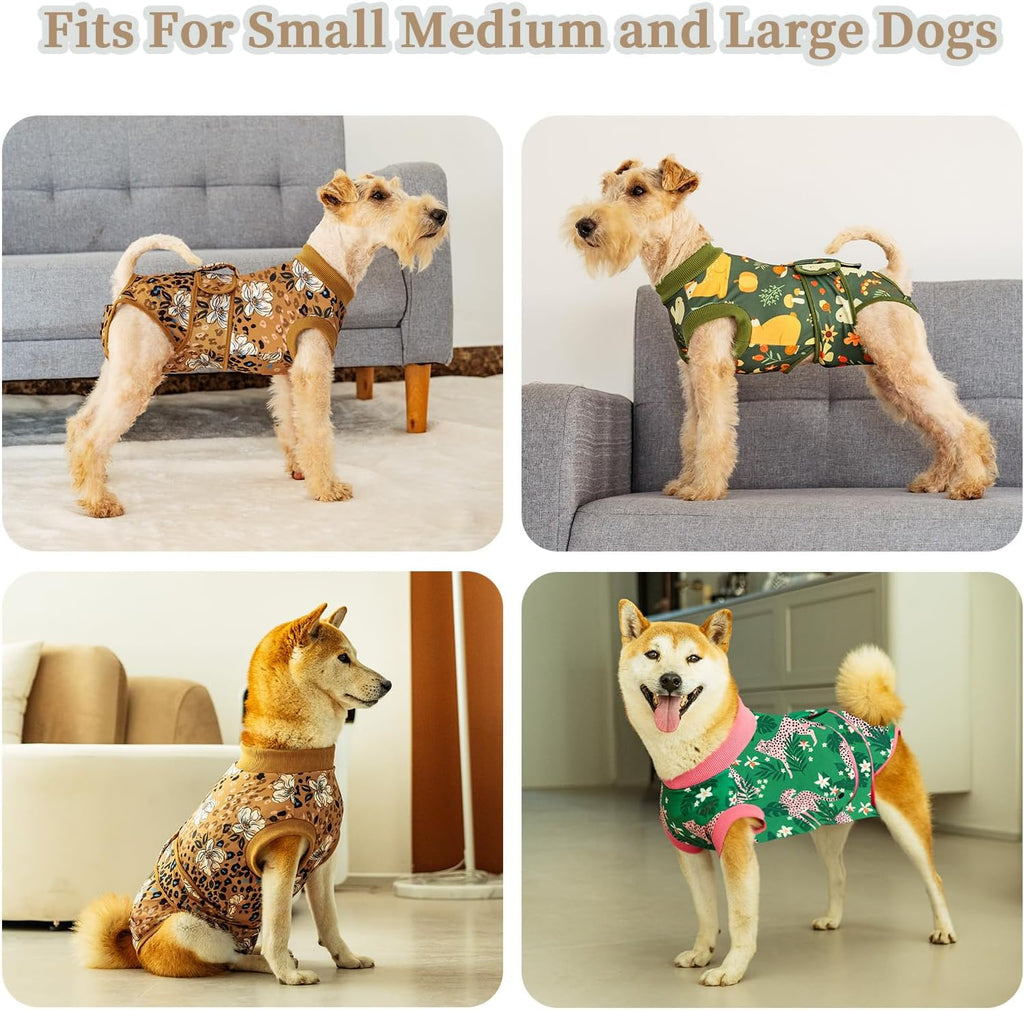 Anxiety reducing full body dog recovery suit protecting abdominal stitches and bandages