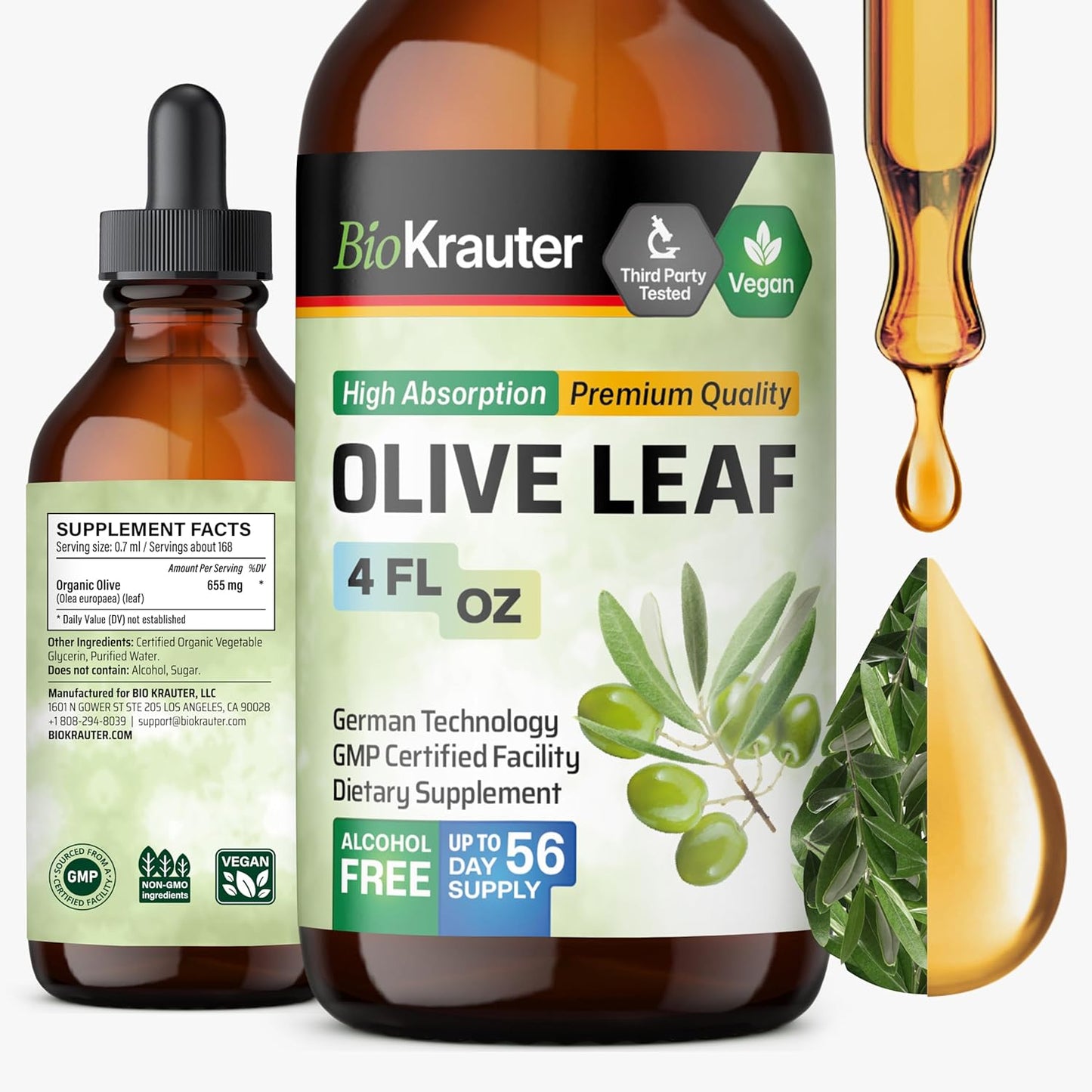Bio Krauter Olive Leaf Extract Liquid 120ml bottle front view showing the yellow banner label.