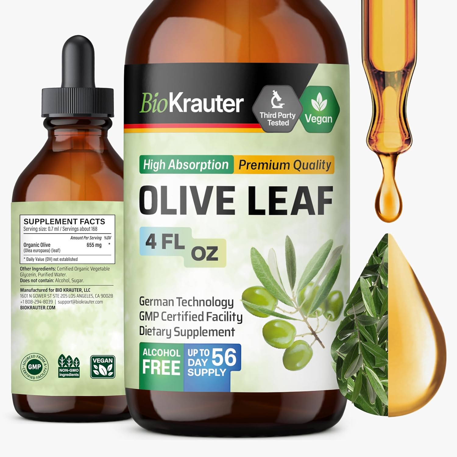 Bio Krauter Olive Leaf Extract Liquid 120ml bottle front view showing the yellow banner label.